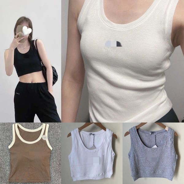 

designer t-shirt seven-point knitted vest women's embroidered sleeveless sports t-shirt mini knitted breathable t-shirt vest, White