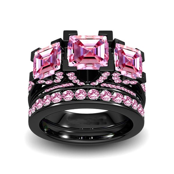 

wedding rings size 5-11 luxury jewelry three stone princess cut 8mm 5a pink cubic zirconia cz party women wedding bridal lovers' ring s, Slivery;golden