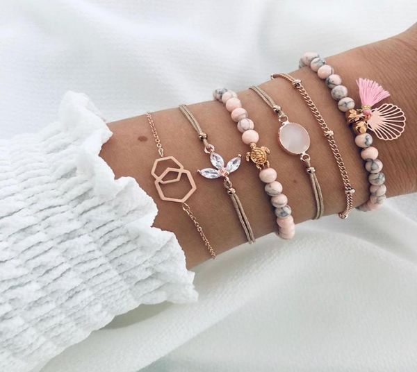 

6 pcsset natural stone beads strand bracelets gold sea shell charm bracelets woman crystal flower braclets set9937501, Black