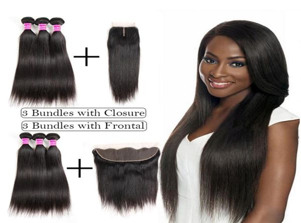 

raw indian virgin hair straight human hair weave bundles with closure ear to ear lace frontal with bundles 3 bundles brazilian ext6747151, Black;brown