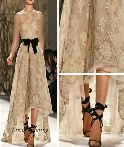 

monique lhuillier designer lace evening dress high low with black sash runway special occasion dresse party gown9299397, Black;red