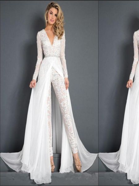 

2019 chiffon wedding dress jumpsuit with train modest vneck long sleeve crystal belt sash beach casual jumpsuit bridal gown pants5573879, White