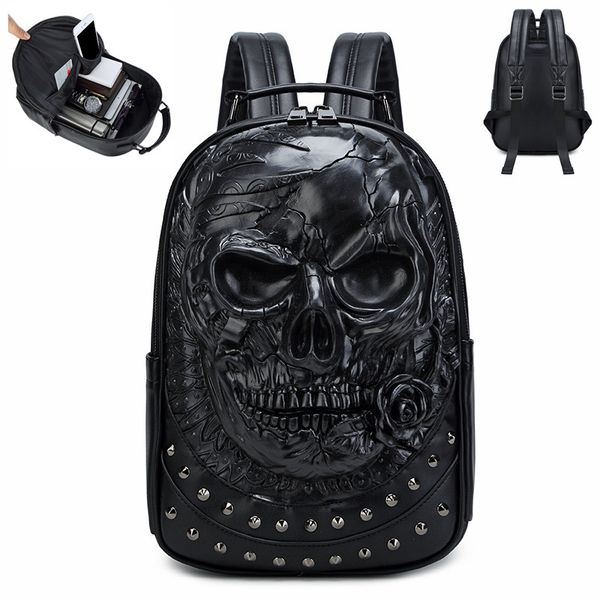 

Factory wholesale men brand shoulder bag 3 colors cool embossed skull punk backpacks street popular waterproof leather handbag personalized rivet backpack, Silver-3189#