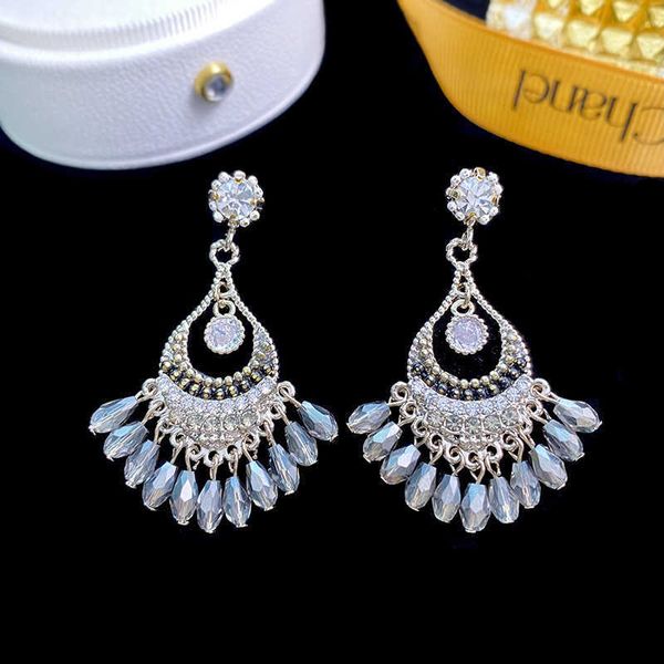 

charm fan tassel grey crystal personality fashion design bohemian exaggerated earrings 230630, Golden
