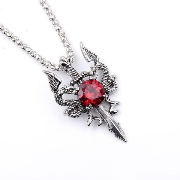 

men dragon guard sword pendant necklace stainless steel chains with black zircon stone for male biker vintage fashion jewelry nice1494691, Silver