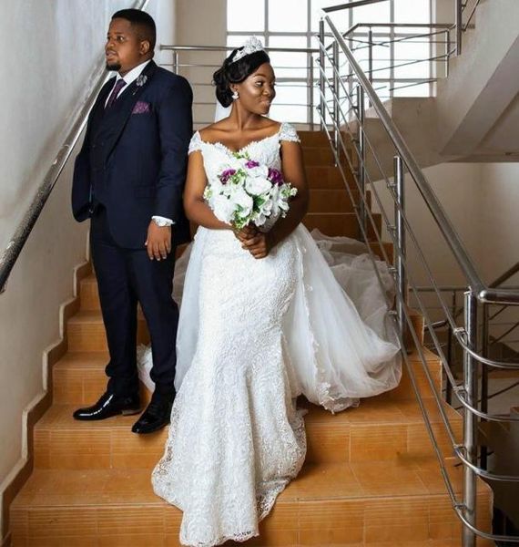 

african full lace mermaid wedding dresses detachable skirt cap sleeve plus size bridal gowns appliques overskirt corset up back sw8087880, White