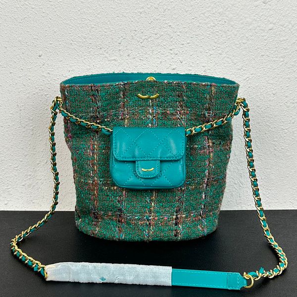 

2in1 cyan knitting wool tweed drawstring designer bucket bags stripes gold metal hardware women medium crossbody shoulder handbag with litte