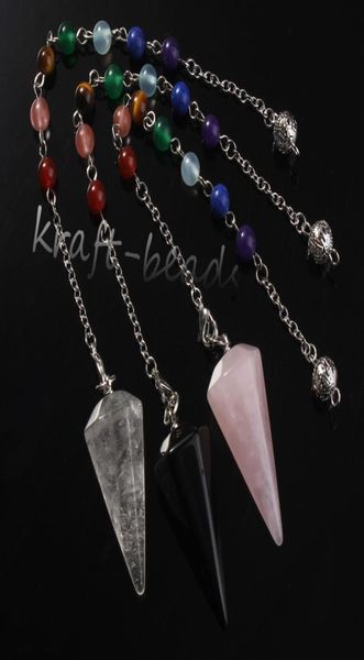 

10pcs silver plated 7 beads chain natural rock crystal rose quartz agate stone hexagon pyramid healing chakra pendulum pendant jew8054462