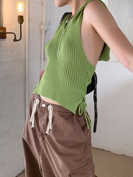 

women's tanks fashion women tank halter hooded backless zip side lace-up sleeveless green knit t-shirt summer 2023 17a9648, White