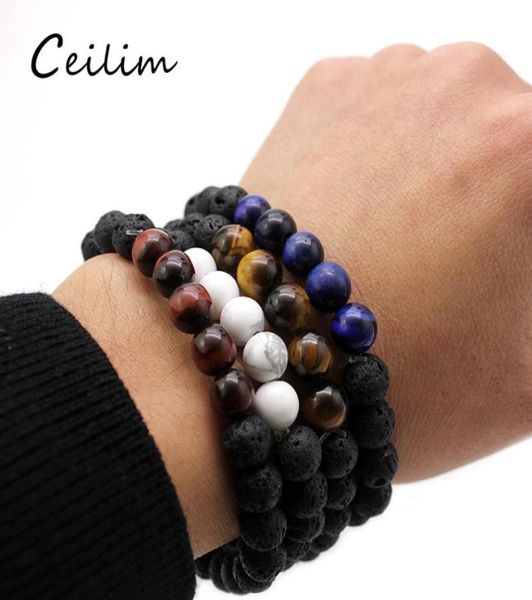 

designer jewelry fashion 8mm tiger eye natural stone charms lava stone bracelets chakra balance yoga beads bracelet stretch jewelr1894740, Black