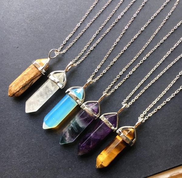 

multicolored gemstone necklace silver plated crystal quartz pencil point pendant necklace healing stone hexagon prism gold plated3380389