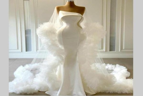 

long train ruffles mermaid wedding dresses 2021 new strapless satin ivory bridal gowns vestidos de novia bohemian beach wedding dr6782414, White