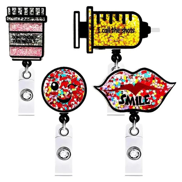 

10 pcs/lot fashion key rings scrub life glitter acrylic medical series retractable shakers badge reel nurse id name card holder for healthca, Slivery;golden