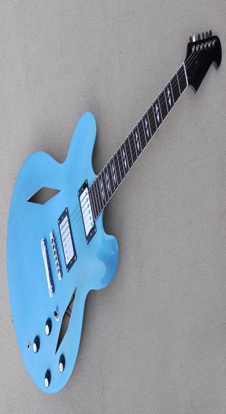 

factory custom metal blue electric guitar with rosewood fretboard semi hollow body white binding can be customized4381037