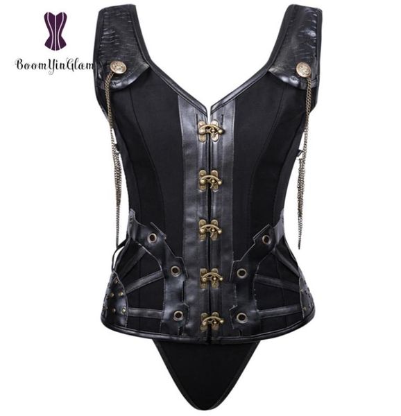 

shoulder straps women039s faux leather corset bustier clubwear costumes gothic stampunk corsets with chain 8371006995, Black;white