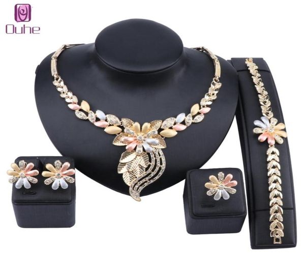 

african jewelry set flower necklace bracelet dubai gold crystal jewelry set for women wedding party bridal earrings ring set2172717, Slivery;golden