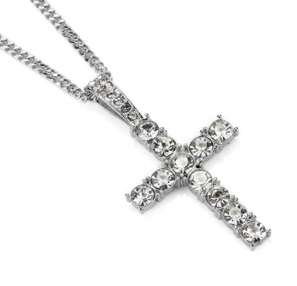 

fashion men hip hop stainless steel jewelry cross pendant necklace full rhinestone design silver color chain jewellery mens neckla3664032
