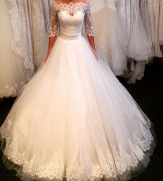 

2019 custom made wedding dresses bateau neckline lace ball gowns white half sleeve brial dresses vestido de noiva appliques1366573