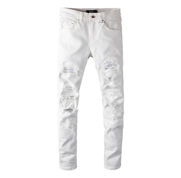 

fashion desiger long slim white jeans patchworl ripped hole demin trousers streetwear pants for men4487308, Blue