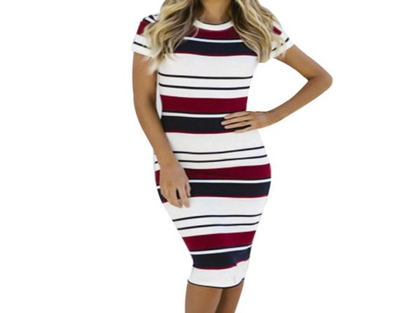 

fashion casual women ladies dresses summer striped round neck short sleeve bodycon midi dress red yellow clothes47130851498004, Black;gray