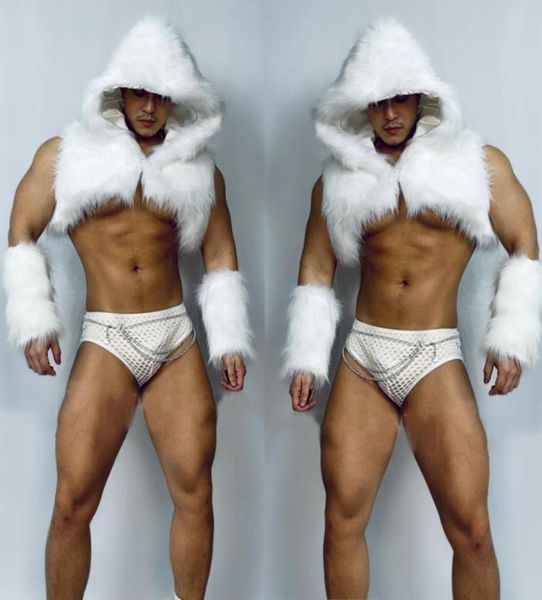 

stage wear men39s nightclub bar gogo dancer costume white hooded fur vest suit burning man rave outfit pole dance clothing1581882, Black;red