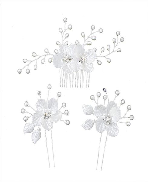 

3 pcsset european style bridal headdress set handmade pearl rhinestone flower hairpin hair comb women wedding dress accessories3137056, Golden;white