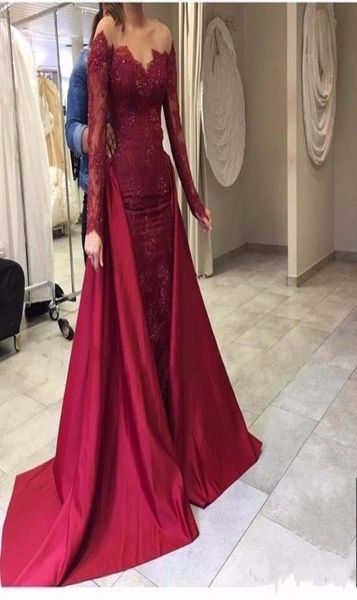 

new burgundy mermaid evening dresses with overskirt detachable train sheer neck sequins long sleeves prom dress satin and lace p8864352, Black;red