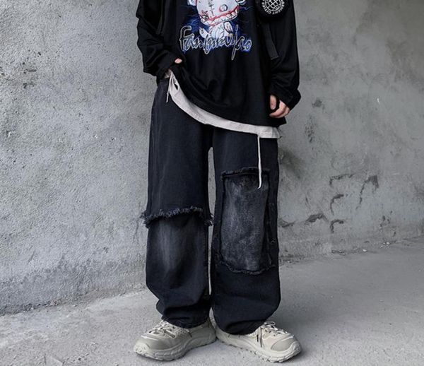 

retro patchwork jeans for men street style hip hop denim jeans frayed ripped cat whiskers goth wide leg pants straight pants8909237, Blue