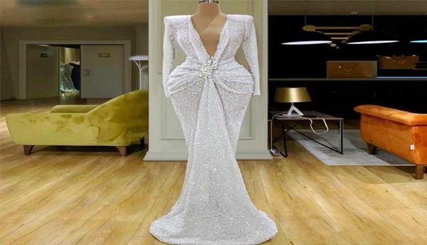 

2020 glitter white sequins mermaid evening dresses wear deep v neck crystal long sleeves sequined ruched waist party gowns custom 4110580, Black;red