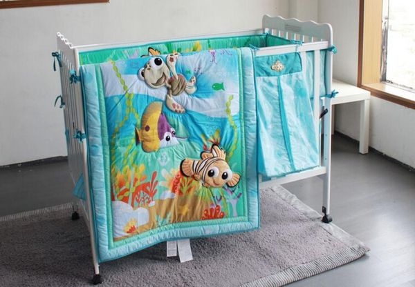 

7pcs embroidery ocean fish baby crib bedding set kids bedding set newborn baby bed setincludebumperduvetbed coverbed skirt8431151