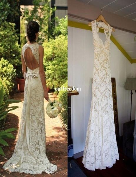 

ivory champagne lace sheath wedding dresses 2019 scoop neck elegant garden sweep train backless boho bridal gown custom made8497710, White