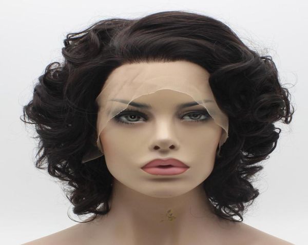 

iwona hair wavy short dark brown wig 2426 half hand tied heat resistant synthetic lace front wig7535609, Black