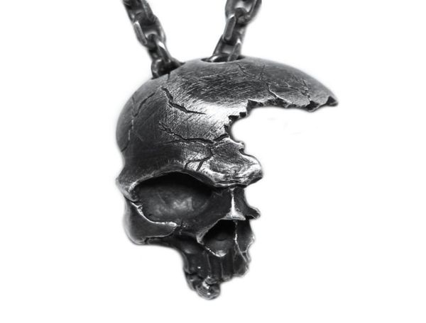 

new arrival gothic halloween old metal clothes accessory long punk old silver half skull pedant necklace for halloween party5188640, Black