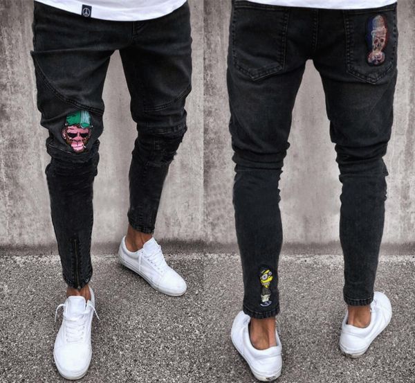 

skull jeans men black biker jeans pants draped ripped long pencil pants trousers clothing8353068, Blue