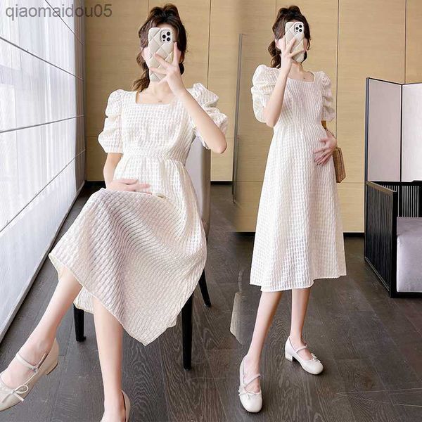 

2317# 2023 summer new korean fashion maternity midi dress sweet lovely a line slim clothes for pregnant women pregnancy elegant l230712, White