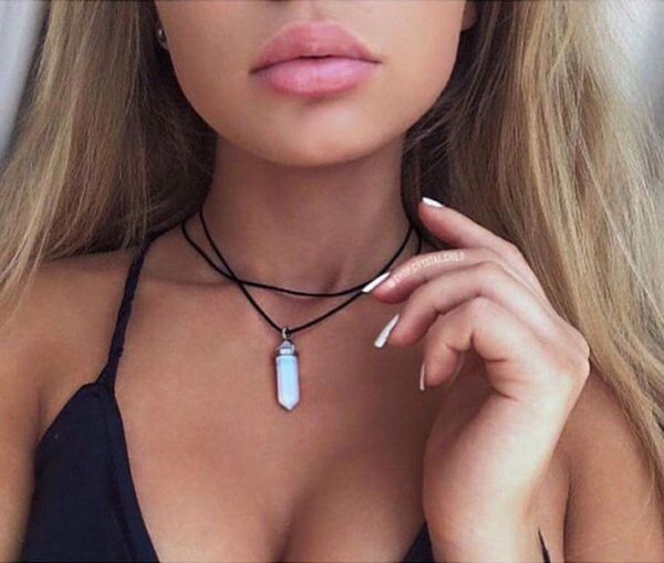

original new vintage opal pendant necklace for women boho pu leather chocker necklace with stone female girlfriend jewelry gift co9527750, Silver