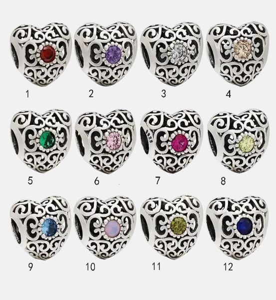 

fine jewelry authentic 925 sterling silver bead fit pandora charm bracelets hollow birthstone heart charms safety chain pendant di8426819, Bronze;silver