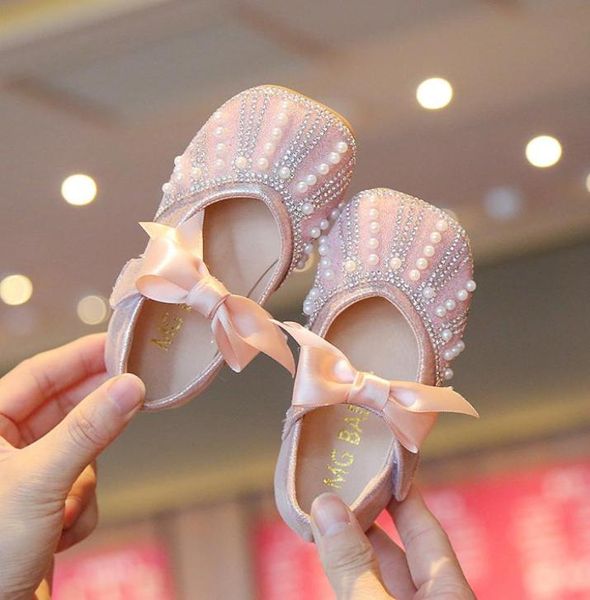 

girls leather shoes children girls baby princess bowknot sneakers pearl diamond single shoes kids dance shoes2939726, Black;grey