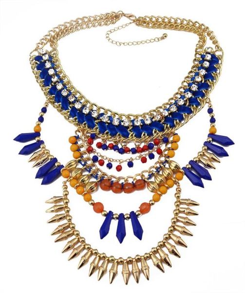 

european style gold plated handmade braid rhinestone chunky chain blue brown beads rivet tassel charms bib statement necklace1101513, Silver