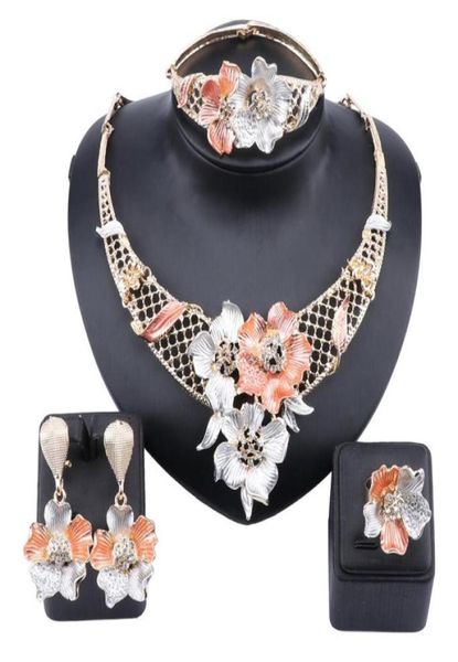 

new african jewelry sets women wedding gold color crystal flower necklace ring bracelet earrings bridal accessories4314873, Slivery;golden