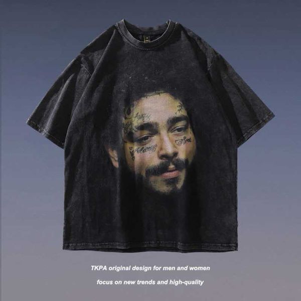 

tkpa high street portrait print short sleeve t-shirt men's fashion hip-hop lazy couple leisure short tee, White;black