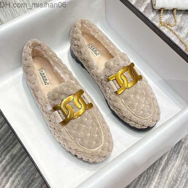 

slippers 2023 luxury metal chain lambswool moccasins camo sports shoes winter casual camo shoes women's warm plush coat fluffy fur apar, Black