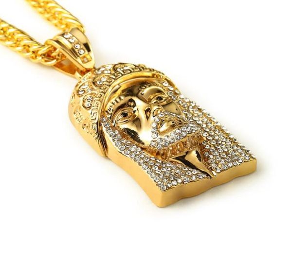 

rapper 24k gold plated jesus face head iced out crystal pendant necklace hip hop rock punk jesus pendant cuban chain necklace jewelry8002523, Silver