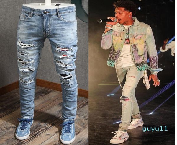 

patches detail biker fit jeans men slim motorcycle for mens vintage distressed denim jean pants3264331, Blue