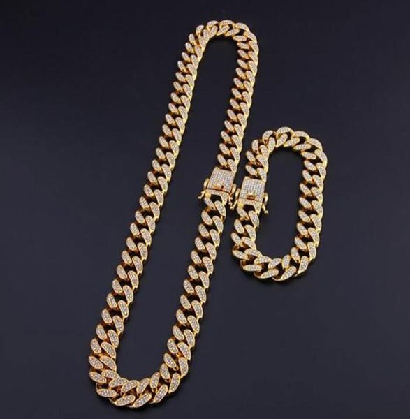 

13mm cuban link chains necklace and bracelet set fashion hiphop jewelry rhinestones iced out necklaces for men8148219, Silver