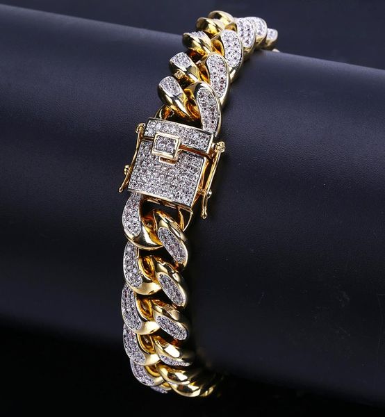 

18k gold white gold iced out cz zirconia miami cuban link chain bracelet 10 14 18mm rapper hip hop curb jewelry gifts for boys who1194887, Black