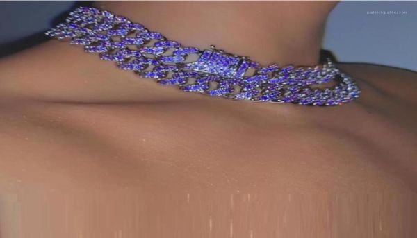

12mm miami cuban link chain choker micro pave purple blue cz hip hop women necklace 16quot 18quot5529813, Golden;silver
