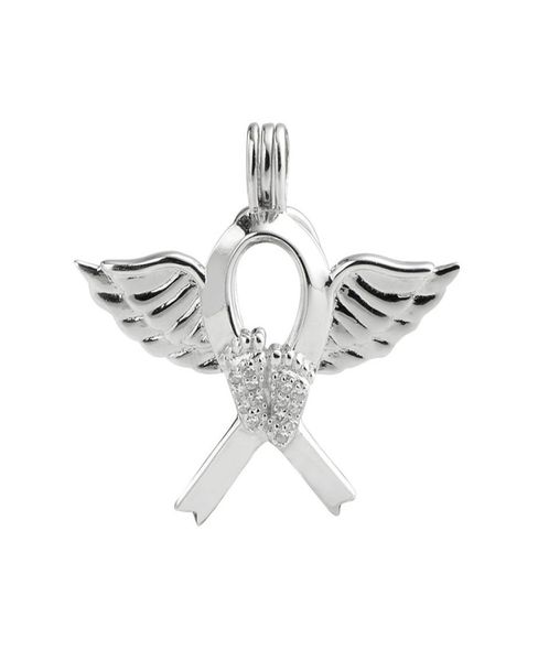 

angel wing footprint ribbon cage locket love wish pearl gift 925 sterling silver pearl cage pendant 5 pieces6134834