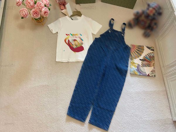 

designer baby clothes tracksuit size 90-140 cm 2pcs cartoon character printed t-shirt and suspender jeans pants or denim skirt july10, White