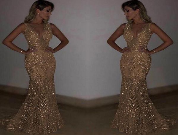 

luxury sequins applique mermaid prom formal dresses 2019 in stock vneck trumpet full lenght evening party gown5098551, Black